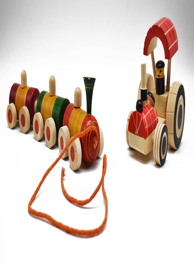 justhandmade Just Handmade Wooden Tactor with Rolling Wheel | Train (Combo of 2) - Image 1
